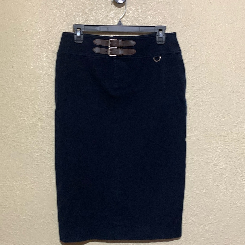 Lauren Ralph Lauren Midi Pencil Skirt 4 Navy Blue Stretch Belt Buckles Cotton